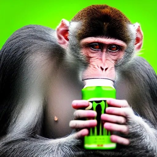 Image similar to monkey drinking monster energy, high quality photo