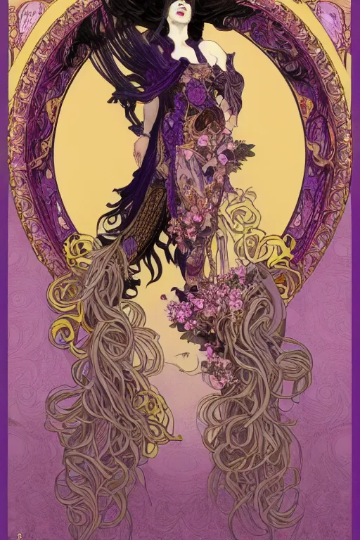 Prompt: thanatos, beautiful male god of death, closed eyes, long hair, wearing ornate silk and lace clothes, gold jewelry, moon, purple feathers, by Alphonse Mucha, by artgerm, rule of thirds, super detailed, 8k