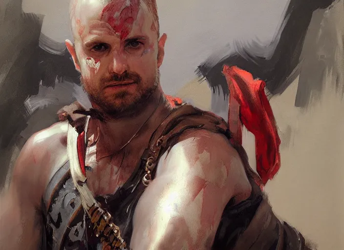 Image similar to a highly detailed beautiful portrait of jesse pinkman as kratos, by gregory manchess, james gurney, james jean