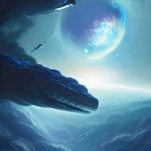 Prompt: Blue scaled snake devouring an earth like planet while flying in space, sun system, dragon, nebula, digital art by Greg Rutkowski