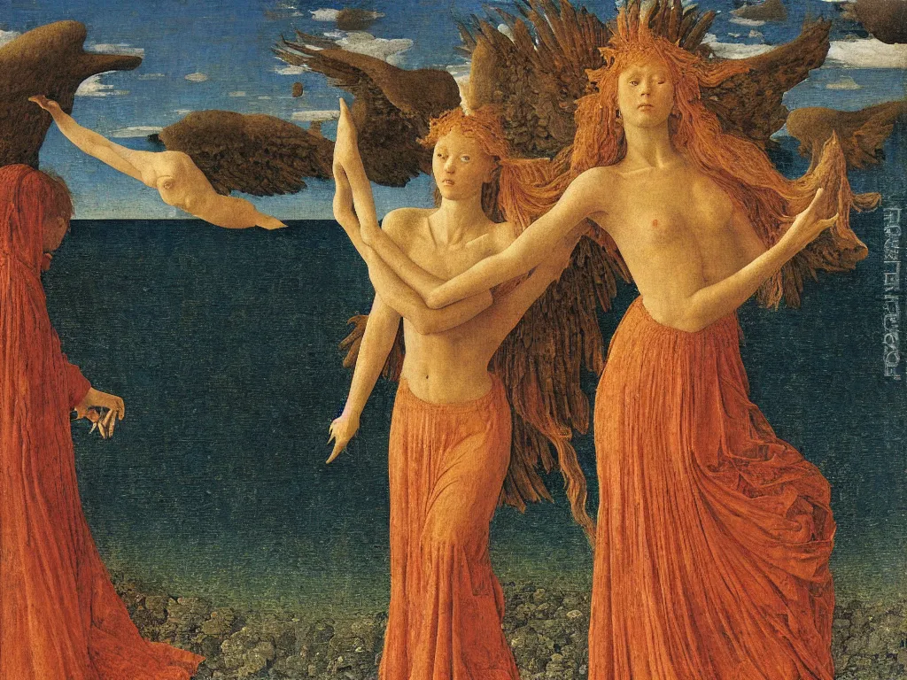 Image similar to Terrifying angel separating the waters in two. Coral-like pebbles, autumn light. Painting by Jan van Eyck, Fra Filippo Lippi, Rene Magritte, Jean Delville, Max Ernst