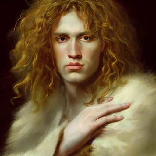 Image similar to a striking hyper real painting of Lucius the pretty pale androgynous prince with long fluffy curly blond hair by Jan Matejko