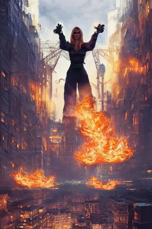 Image similar to in the foreground Saint Petersburg in cyberpunk, in the background a magnificent young blonde woman from behind playing with flames coming out of her hands wearing a long matrix-style jacket, realistic, high definition, many details, dramatic scene, symmetrical face, eyes realistic, art of jesper ejsing