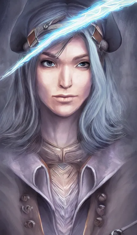 Image similar to cute whimsical half - elf sorcerer rogue running leaving a trail of lightning, brown leather tunic, ( ( ( ( ( ( chris pratt ) ) ) ) ) ), light grey - blue hair, d & d, fantasy, portrait, highly detailed, digital painting