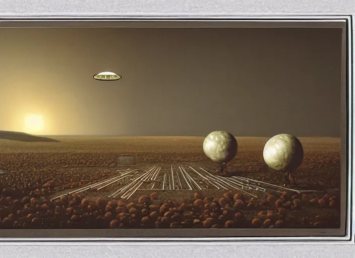 Prompt: ufo flying saucer space ship landing in field of spaghetti and meatballs, albumen silver print by timothy h. o'sullivan ralph mcquarrie