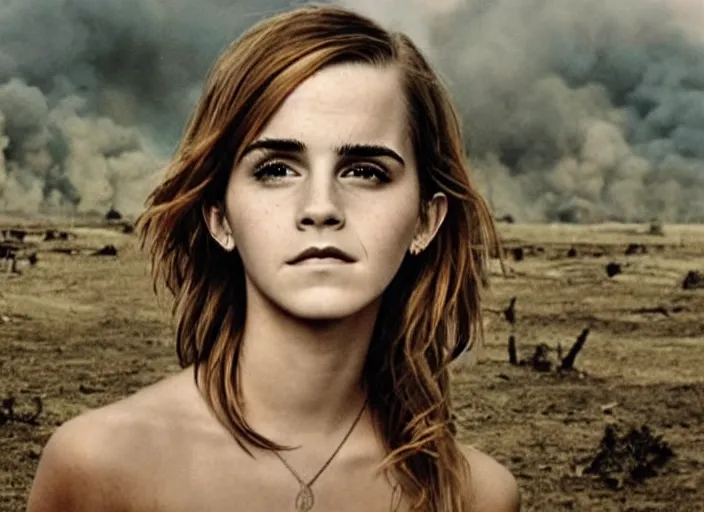 Prompt: emma watson portrait, battle of khe sanh, landscape background burned trees,