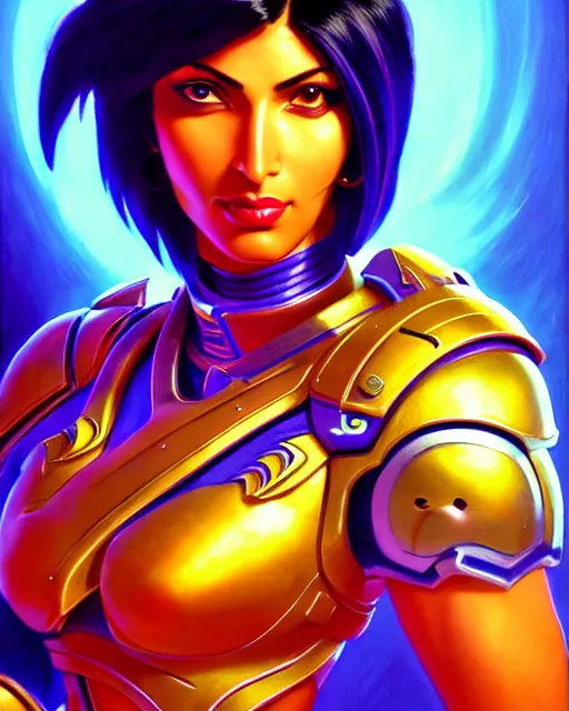 Image similar to pharah from overwatch, fantasy, fantasy art, fantasy, colorful, elegant, character portrait, portrait, close up, highly detailed, intricate detail, amazing detail, sharp focus, vintage fantasy art, vintage sci - fi art, radiant light, caustics, by boris vallejo