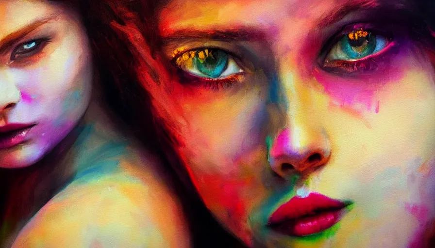 Prompt: an oil painting of a beautiful woman with beautiful face with piercing eyes and lips with a colorful background, cinematic lighting, establishing shot