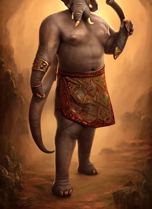 Image similar to An epic fantasy style portrait painting of an anthropomorphic elephant barbarian wearing an apron, DAZ, octane render, cosplay, RPG portrait, dynamic lighting