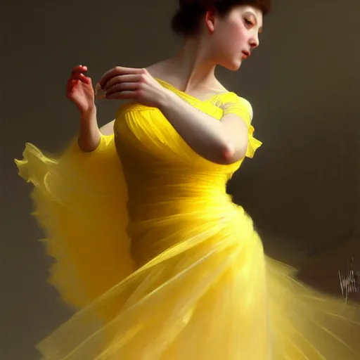 Prompt: a woman in a yellow organza dress dancing, intricate, elegant, digital painting, realistic, concept art, smooth, sharp focus, illustration, by ruan jia and mandy jurgens and william - adolphe bouguereau, artgerm