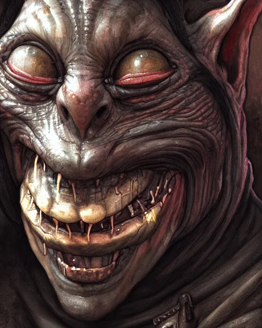 Image similar to closeup profile face portrait of a medieval goblin eating cakes in the cathedral, beautiful face, hyper realistic, highly detailed, digital painting, artstation, illustration, concept art by hyung tae, frank frazetta, bosch, giger, digital paint, matte paint, washed colors, dark, gloomy, detailed and intricate environment