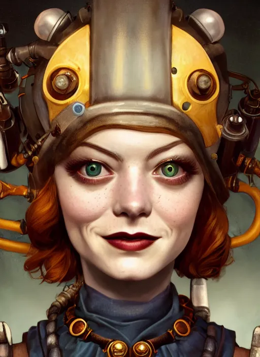 Image similar to Bioshock steampunk portrait of Emma Stone, au naturel, hyper detailed, digital art, trending in artstation, cinematic lighting, studio quality, smooth render, unreal engine 5 rendered, octane rendered, art style by klimt and nixeu and ian sprigger and wlop and krenz cushart