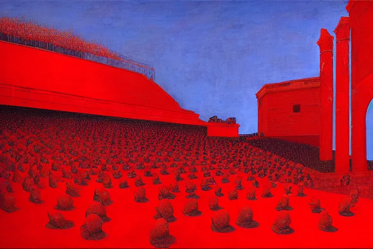 Image similar to only with red, a red melted emperor, taormina amphitheatre, crowd hails him, in the style of beksinski, parts by edward hopper, parts by rodcenko, parts by yue minjun, intricate and epic composition, red by caravaggio, insanely quality, highly detailed, masterpiece, red light, artstation, 4 k