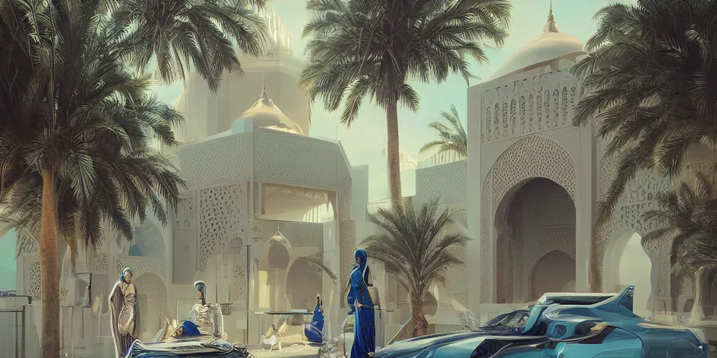 Prompt: Futuristic Morocco, palm trees , Moroccan mosque ,WLOP, flying cars ,James Jean, tom bagshaw, rococo, trending on artstation, fantasy, intricate, elegant, highly detailed, digital painting, concept art, smooth, illustration, cinematic lighting, hyper realism, octane render, 8k, hyper detailed.