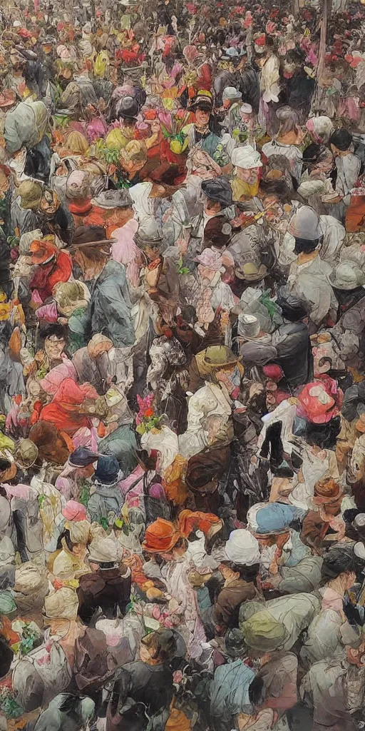 Image similar to oil painting scene crowd from blooming garden by kim jung gi