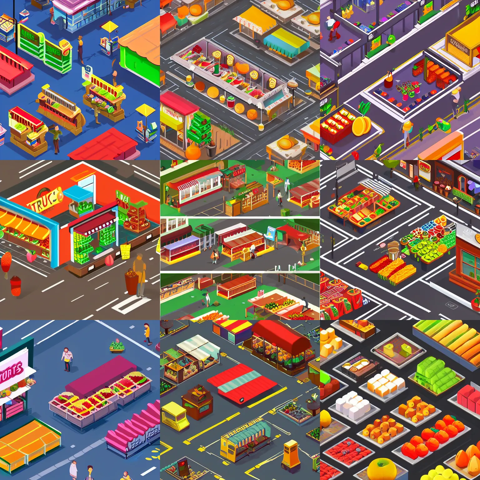 Prompt: Fruit Store in a big city, isometric game asset, digital art, simple style, detailed drawing, artstation