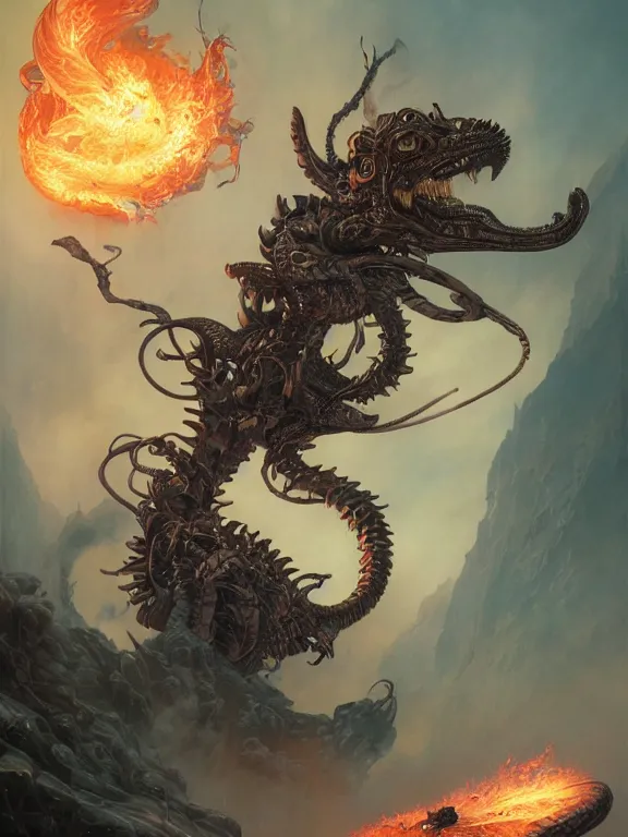Image similar to black serpent breathing purple fire, ultra realistic, wide angle, intricate details, the fifth element artifacts, highly detailed by peter mohrbacher, hajime sorayama, wayne barlowe, boris vallejo, aaron horkey, gaston bussiere, craig mullins