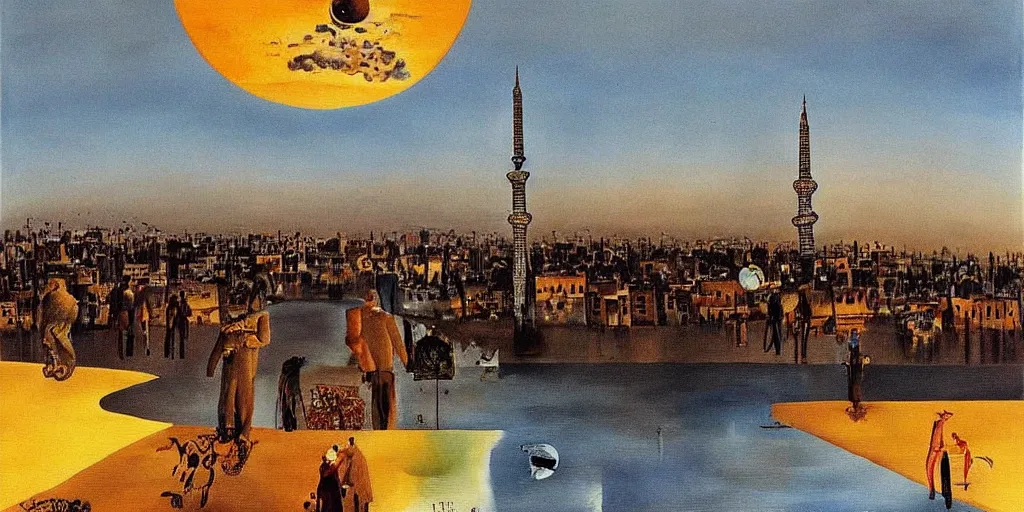 Prompt: love and fear in tehran skyline in a winter night, a full moon in the sky, surreal painting by salvador dali,