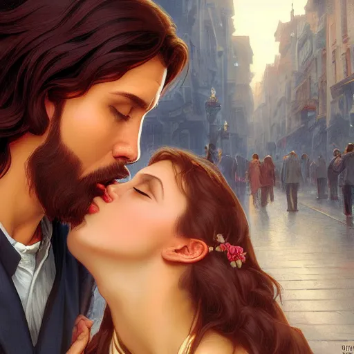 Image similar to jesus kissing a woman in a street, elegant, highly detailed, digital painting, artstation, concept art, matte, sharp focus, highly detailed, 4 k, hdr, smooth, sharp focus, high resolution, award - winning photo, photorealistic, art by artgerm and greg rutkowski and alphonse mucha, large shot