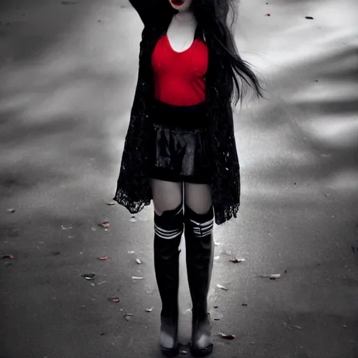 Prompt: Grunge Girl with red and black hair, tall black boots, grunge, photography