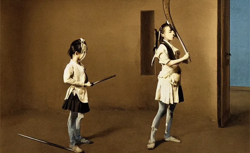 Prompt: School girl holding a katana and standing on an abandoned hospital room, by Salvador Dali