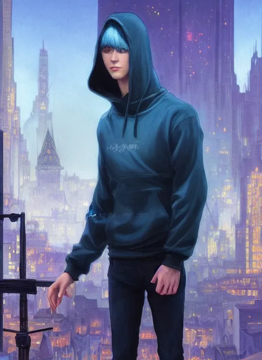 Image similar to handsome young man with short black hair, glowing light blue eyes, pale skin, wearing jeans and a black hoodie, detailed night time cityscape background, realistic painting by ross tran and gerald brom and alphonse mucha, ilya kuvshinov, svetlana tigai, artgerm, trending on artstation