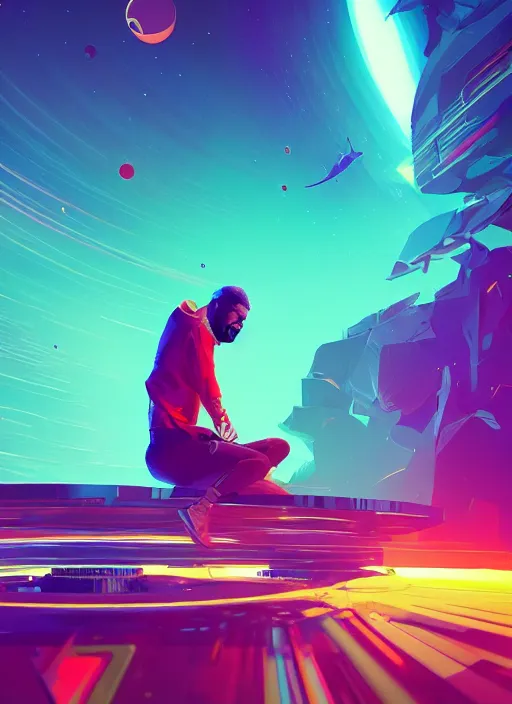 Prompt: Man djing in front of the universe, digital art, dynamic lighting, hyper detailed, artstation, golden ratio, by Anton Fadeev and Beeple and greg rutkowski and liam wong, 4K