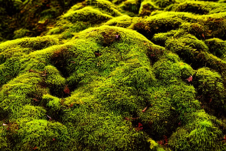 Image similar to macro photograph of moss on the forest floor, bathed in golden light