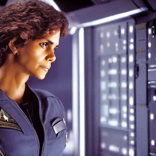 Image similar to a beautiful full body photograph of halle berry as a star fleet officer from star trek next generation, symmetrical face, extreme realism and detail, 8 k, completely framed, direct lighting, 3 5 mm photo, photorealistic, sharp focus