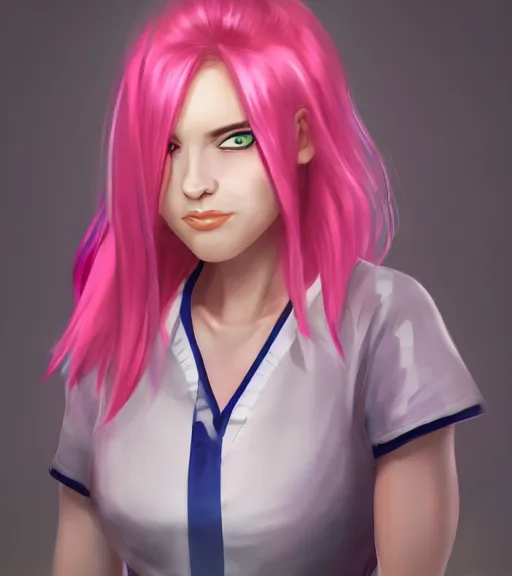 Image similar to portrait of pink haired woman in nurse uniform wearing an eyepatch, trending on artstation