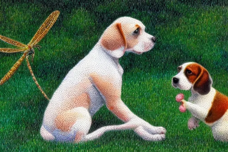 Image similar to pointillism painting of a white and caramel beagle dog playing with dragonfly in a backyard, harsh lighting, detailed, trending on artstation, dull pastel colors, bright, god rays, dreamy, trending on artstation