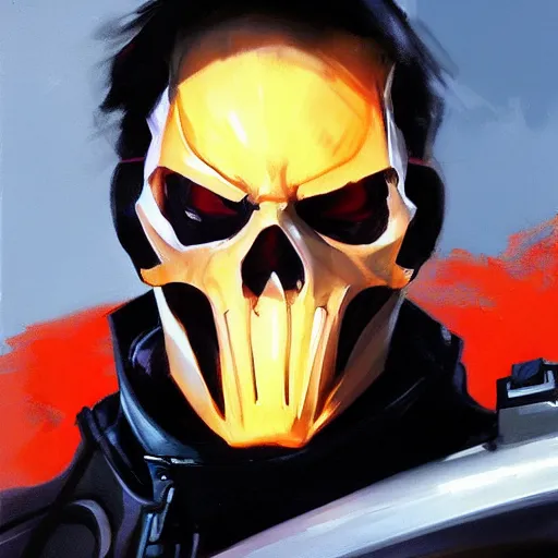 Image similar to greg manchess portrait painting of ghost rider as overwatch character, medium shot, asymmetrical, profile picture, organic painting, sunny day, matte painting, bold shapes, hard edges, street art, trending on artstation, by huang guangjian and gil elvgren and sachin teng