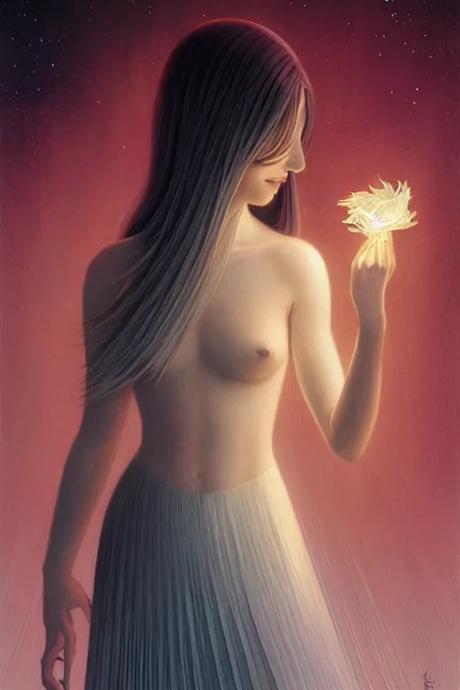 Image similar to portrait female holding crystal white hair glowing, blush, pleated skirt, flowing hair, slim face, elegant, terry moore, barclay shaw, karol bak, greg rutkowski