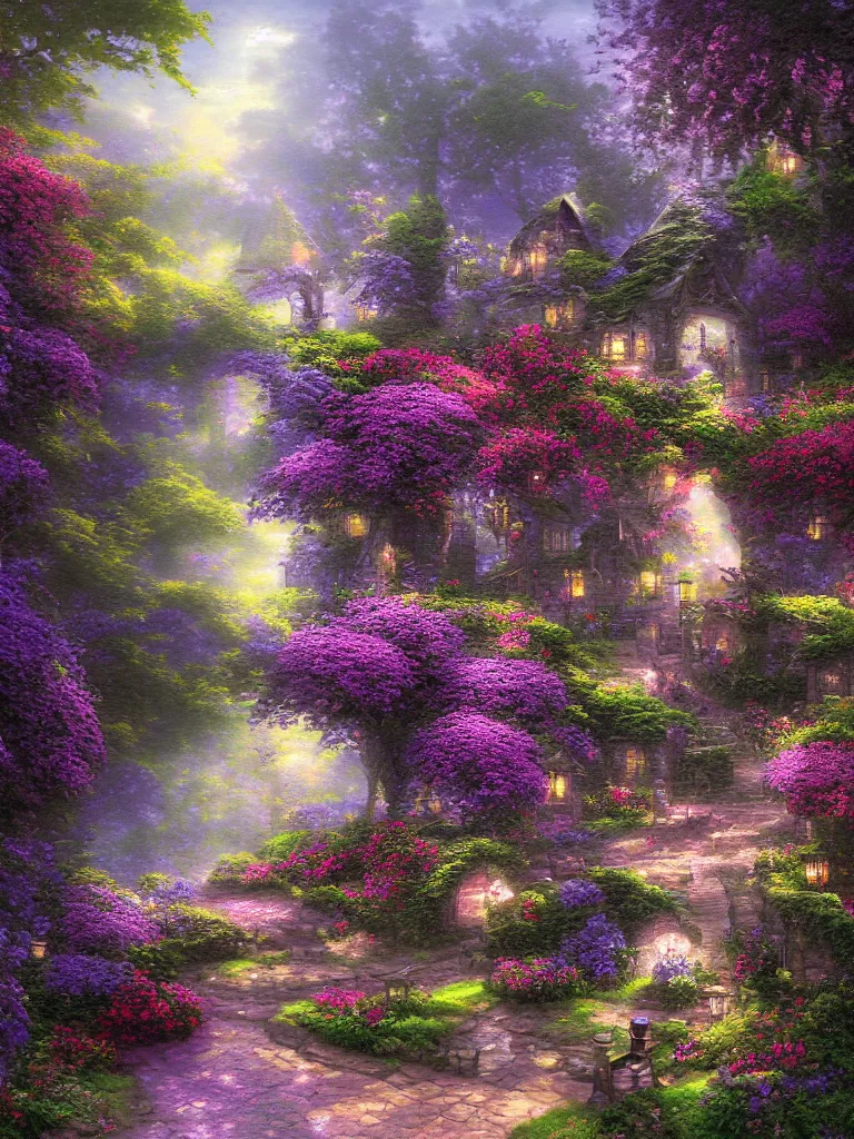 Prompt: a fantasy well with purple flowers by Thomas Kinkade, fantasy art, magical realism, moody lighting