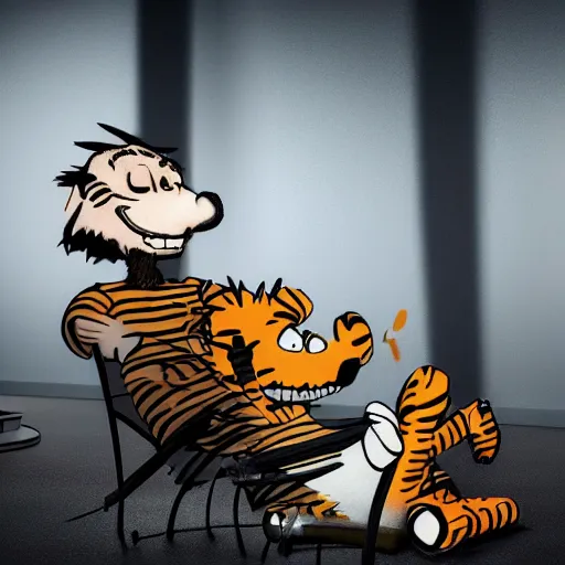 Image similar to calvin and hobbes as depressed and homeless adults on crack rock, octane render, scuplture, concept art