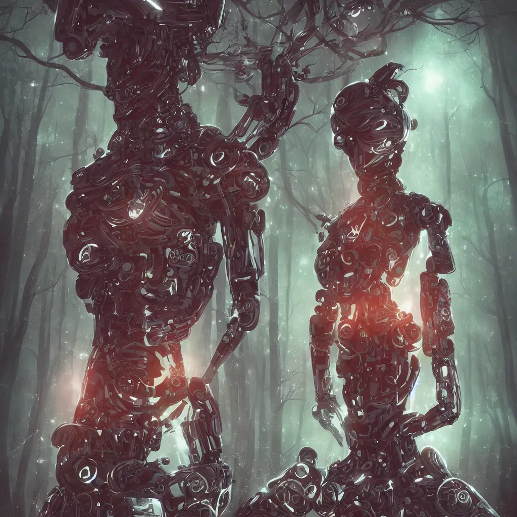 Prompt: portrait of a sci - fi humanoid robot surrounded with floating magical runes, standing in a dark forest, in the style of artgerm