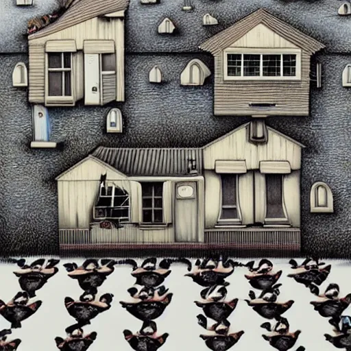 Prompt: anamorphic birds walking past a house, lowbrow surrealistic, in the style of Mark Ryden,