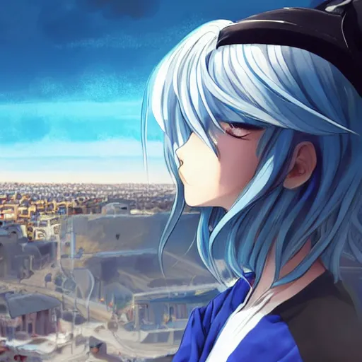 Image similar to side profile of rimuru tempest crying with sky blue hair, long hair, gold eyes, black jacket with white stripes and a high collar | highly detailed, greek city in the background, professional digital painting, digital art, concept art, award - winning photography, cinematic, wlop | art by pixiv art, ilya kuvshinov, yoshitaka amano