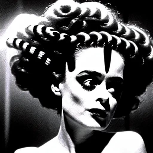 Image similar to cinematic portrait of surprised helena bonham carter as bride of frankenstein as a replicant in a busy nightclub,, still from the movie bladerunner, fashion photography, a sign is in the background, 8 k, high detail, face in focus