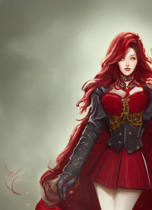 Image similar to a highly detailed illustration of beautiful long dark red haired woman wearing wine red epaulette uniform and coat cape, dramatic smiling pose, intricate, elegant, highly detailed, centered, digital painting, artstation, concept art, smooth, sharp focus, league of legends concept art, wlop