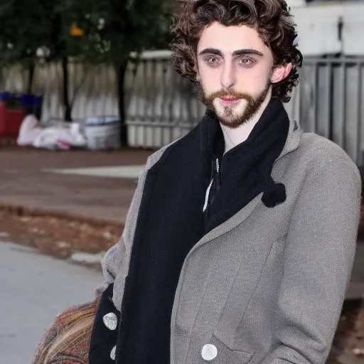 Image similar to bearded timothee chalamet experiencing homelessness