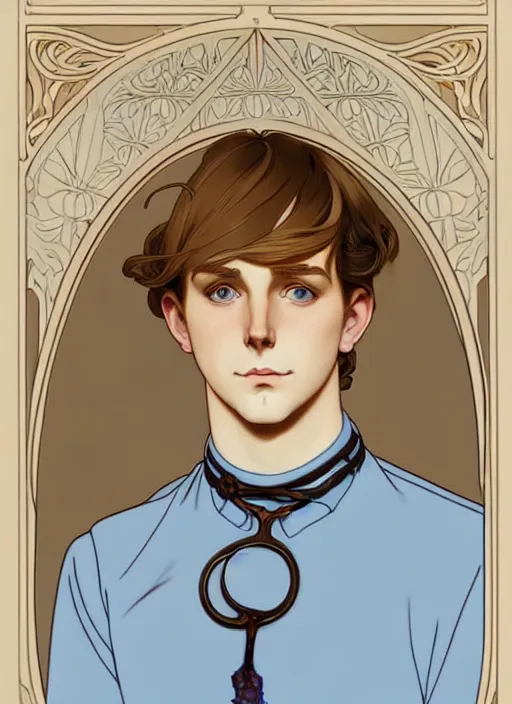 Image similar to art nouveau portrait of a pretty young man with short light brown straw blond hair, light blue eyes, sad expression, scared, head down, shy and demure, wearing a choker collar, natural lighting, path traced, highly detailed, high quality, cartoon, digital painting, by don bluth and ross tran and studio ghibli and alphonse mucha