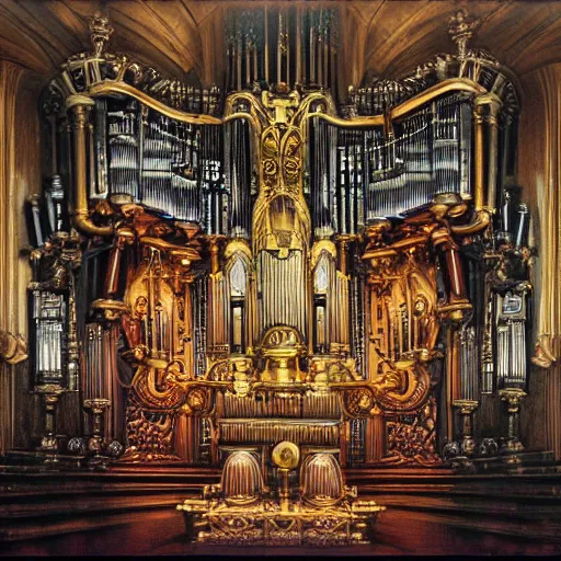 Image similar to steampunk pipe organ lp album art, intricate detail, mechanical, baroque oil painting by alan lee and jim burns