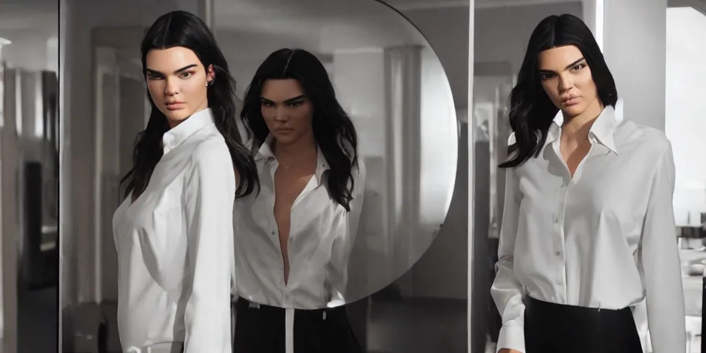 Image similar to ultra wide angle photo of kendall jenner dressed in a white blouse and black dress pants as diana prince looking at herself in a bathroom mirror and seeing her reflection as wonder woman