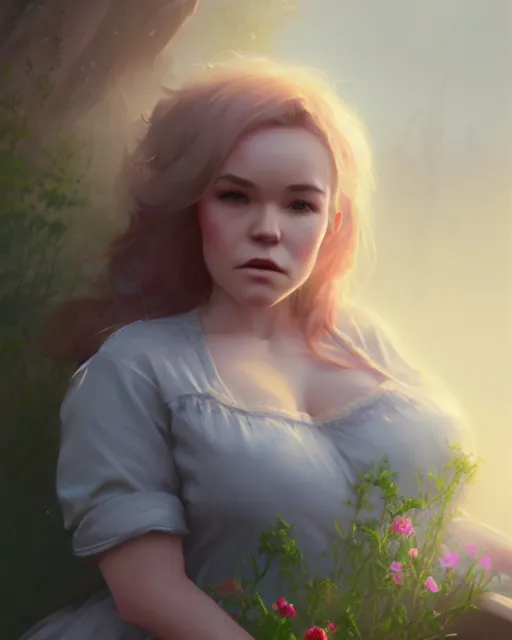 Image similar to tuesday weld surrounded by mist and pretty flowers, very detailed, realistic face, detailed face, matte, tonemapping, bbwchan, perfection, 4 k, cushart krenz, cinematic, atmospheric