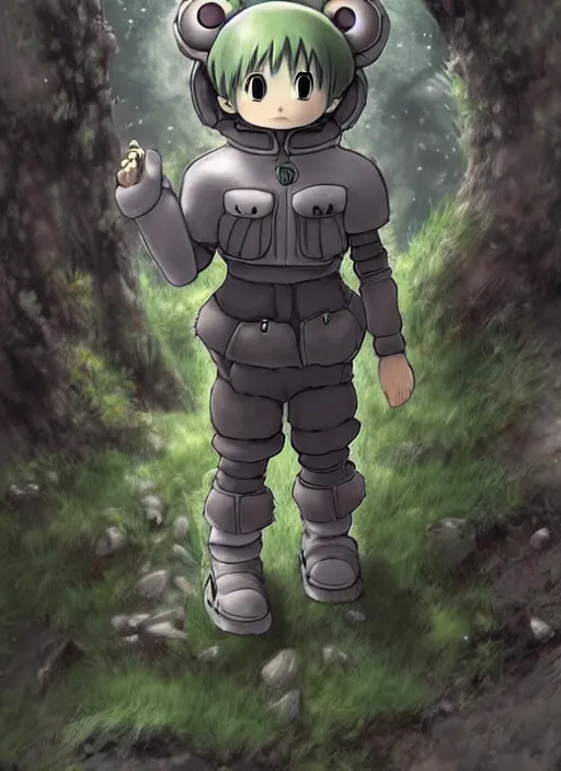 Image similar to beautiful little boy wearing an cyborg bear suit, artwork in kentaro miura and made in abyss and rosdraws, smooth, beautiful lightness, anatomically correct, trending on pixiv, forest