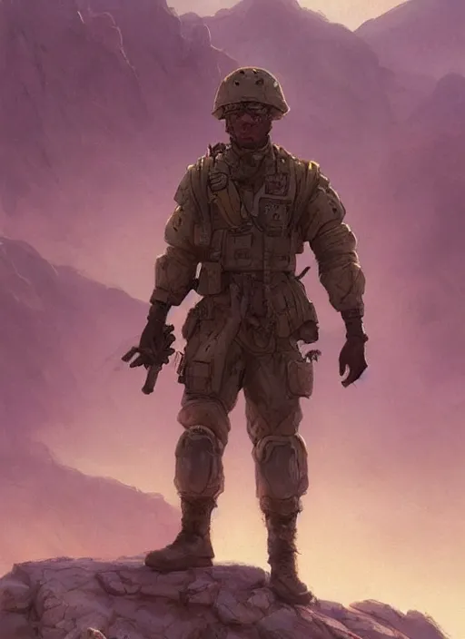 Image similar to purple lighting, detailed character concept illustration, strong muscular mature soldier in a soldier uniform, desert with city in the background, sharp focus, illustration, highly detailed, digital painting, concept art, matte, art by wlop and artgerm and greg rutkowski, masterpiece