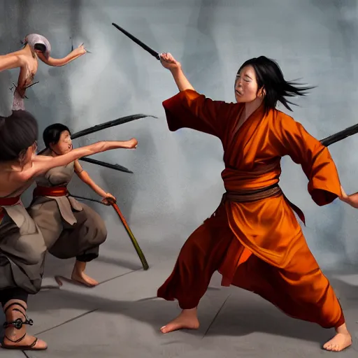 Prompt: a female drunken master monk fighting off a group of soldiers by wlop, wuxia, xianxia, drunken boxing, drunken fist, drunken master, weathered olive skin, athletic, playful, fully clothed, monk's robe, detailed, realistic, anatomically accurate, fantasy illustration, artstation, wlop.