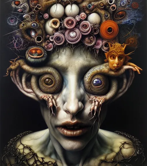 Image similar to portrait, stranger psycho by julie heffernan, glenn brown, naoto hattori, brian froud, nicola samori, paolo roversi, kilart, 8 k, hyper detailed.