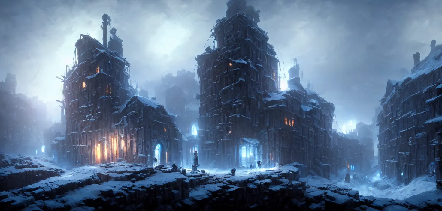 Prompt: frostpunk portal house, cinematic view, epic sky, no people, detailed, concept art, high detail, warm lighting, volumetric, godrays, vivid, beautiful, trending on artstation, by jordan grimmer, huge scene, art greg rutkowski